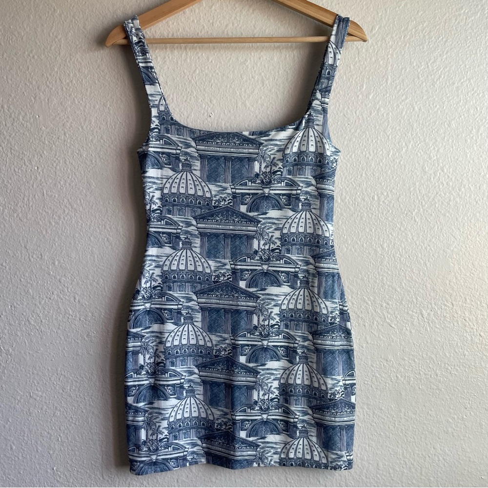 Reformation Becky Dress in Rome Print Blue & White Mini Dress